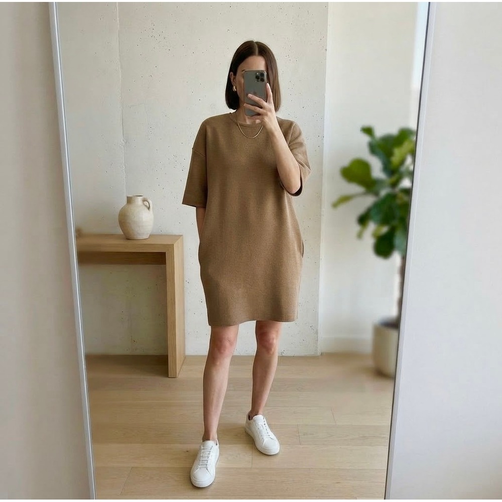 Ma'ry'ya 100% Merino Wool Short Sleeve Shirt Dress S Camel Pockets Minimalist